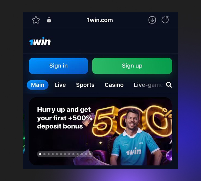 Home page of the mobile version of the 1Win website
